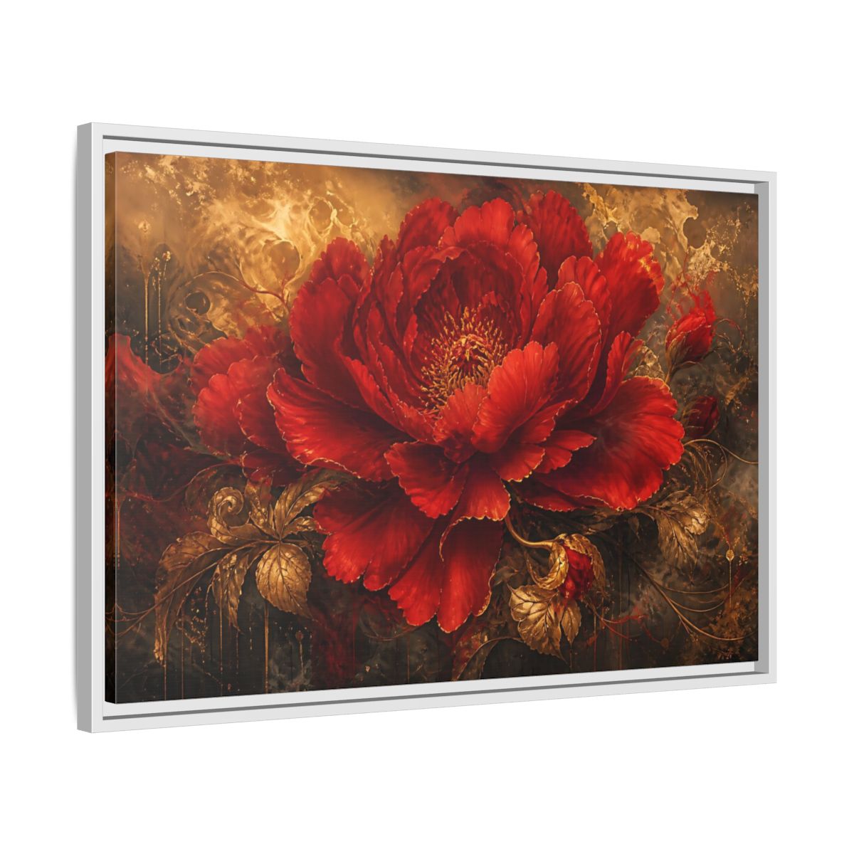 Side Mockup 10. Scarlet Bloom In Gold shown as framed canvas print