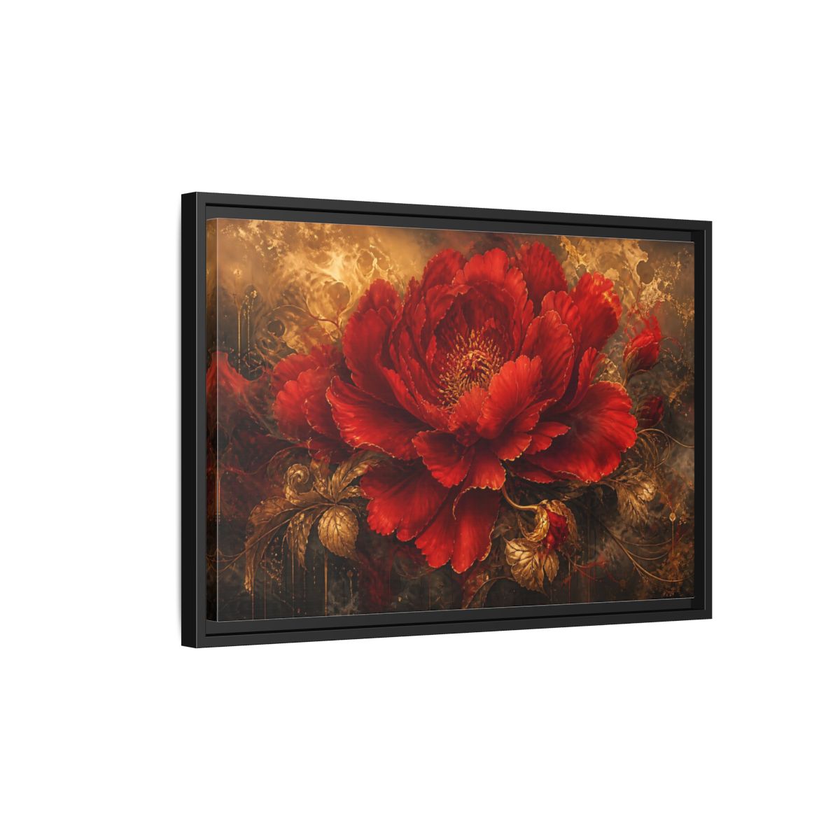 Side Mockup 3. Scarlet Bloom In Gold shown as framed canvas print