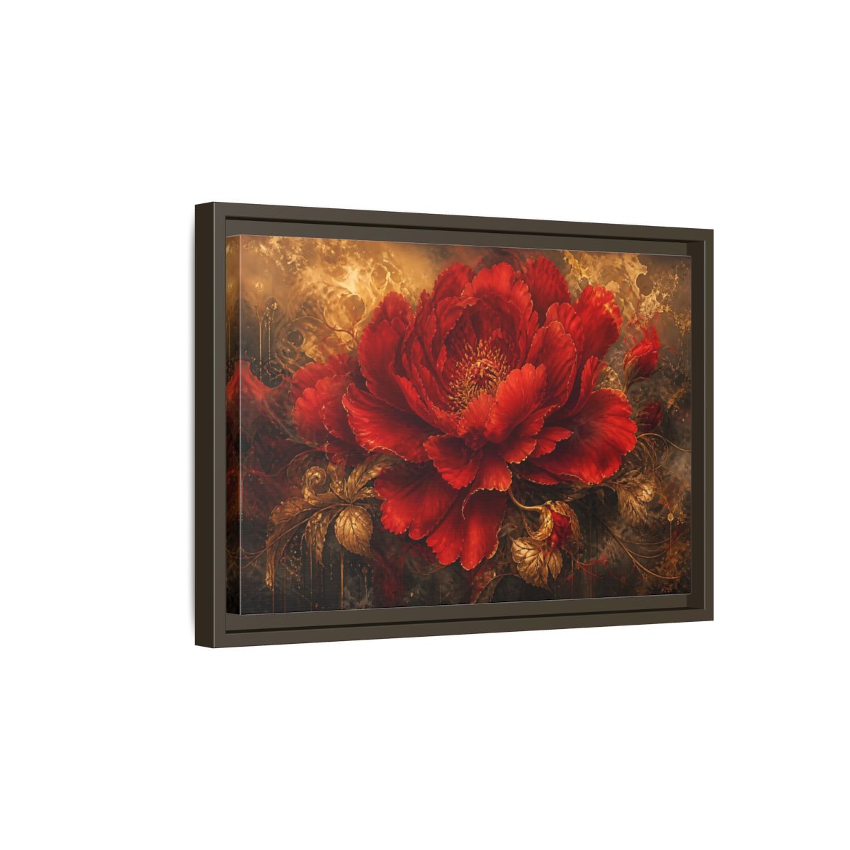 Side Mockup 5. Scarlet Bloom In Gold shown as framed canvas print