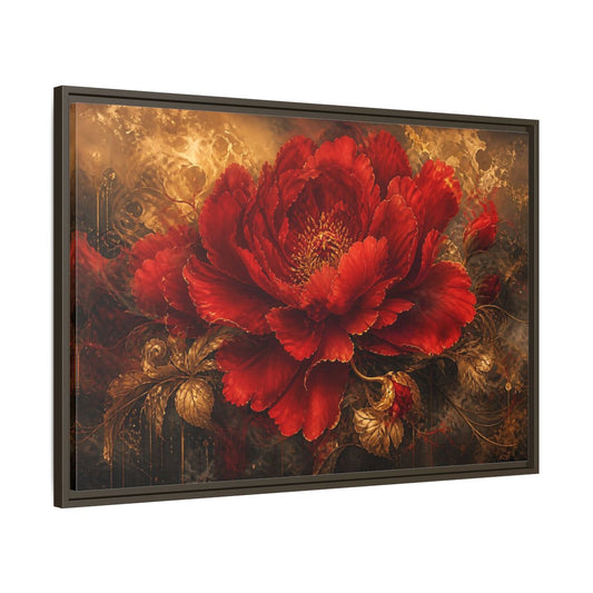 Main Mockup. Scarlet Bloom In Gold shown as framed canvas print