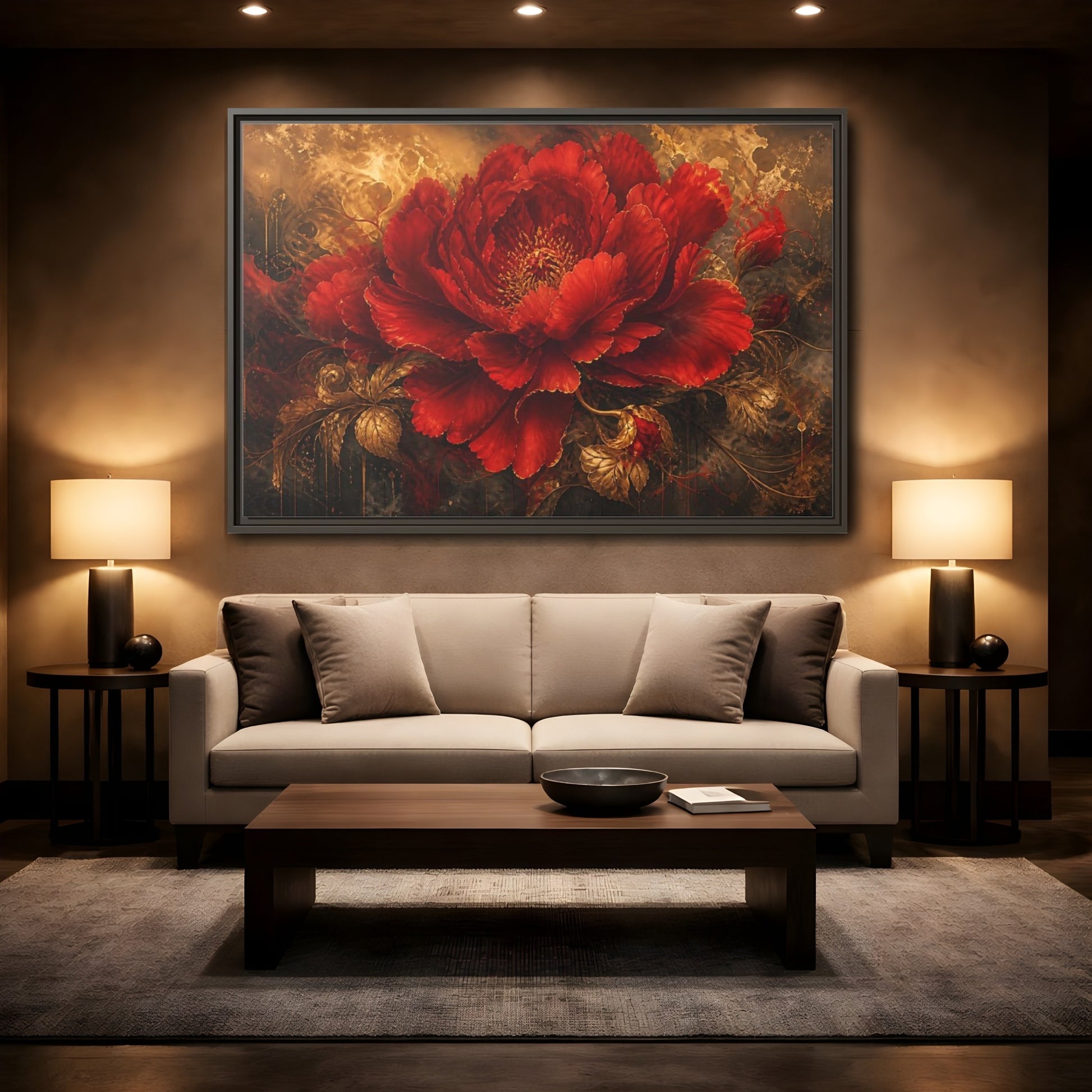 Mockup 2. Scarlet Bloom In Gold shown as framed canvas print