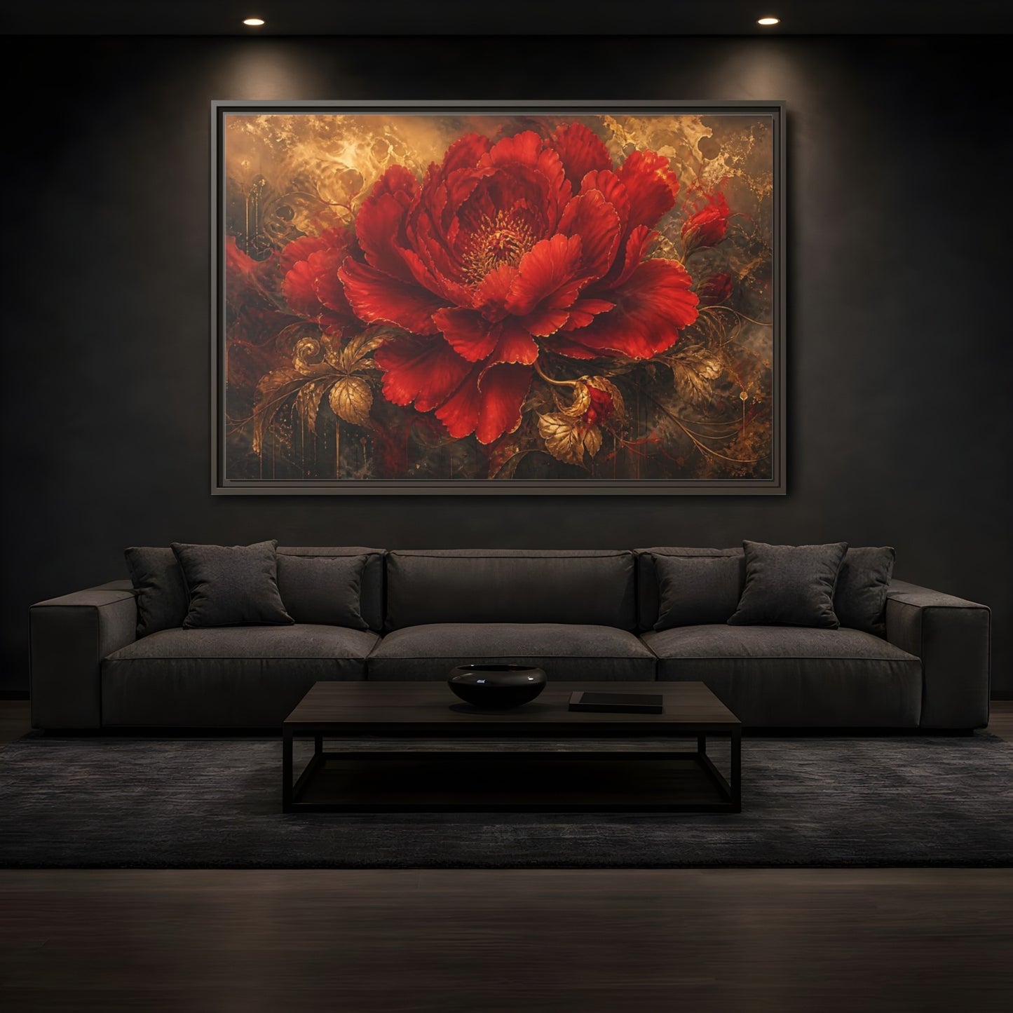 Mockup 3. Scarlet Bloom In Gold shown as framed canvas print