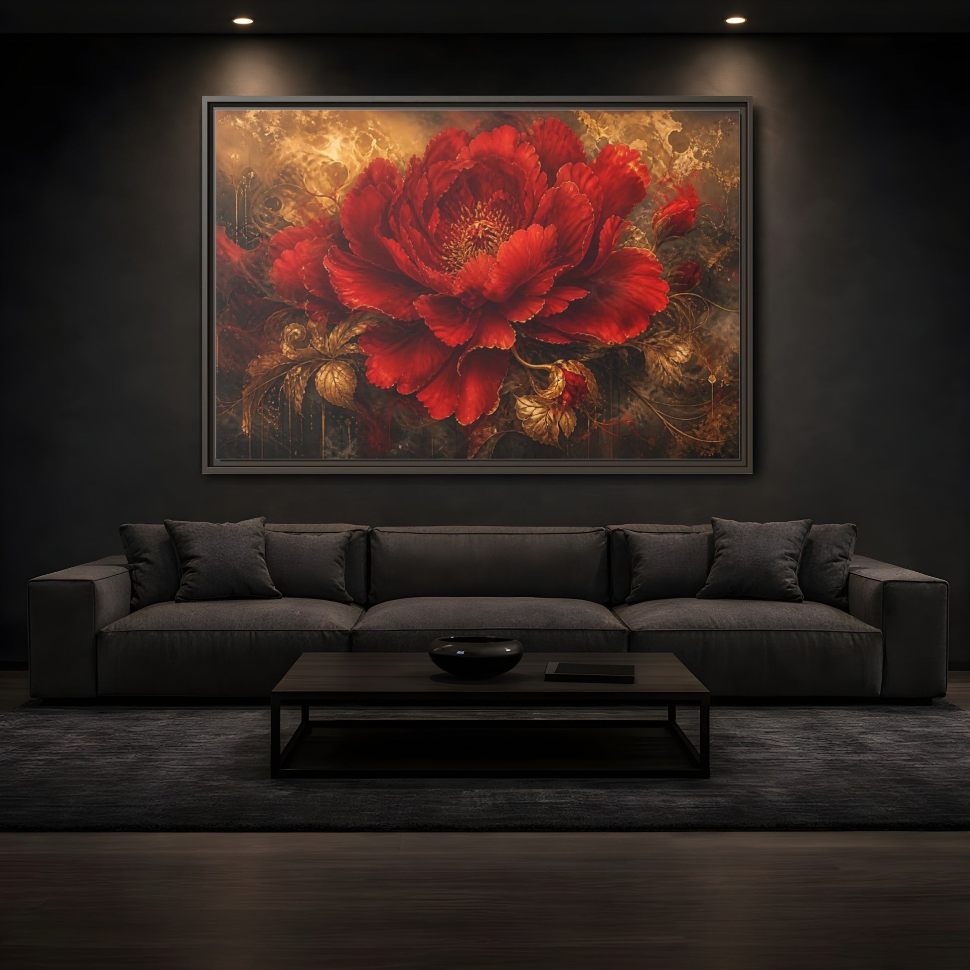Mockup 3. Scarlet Bloom In Gold shown as framed canvas print