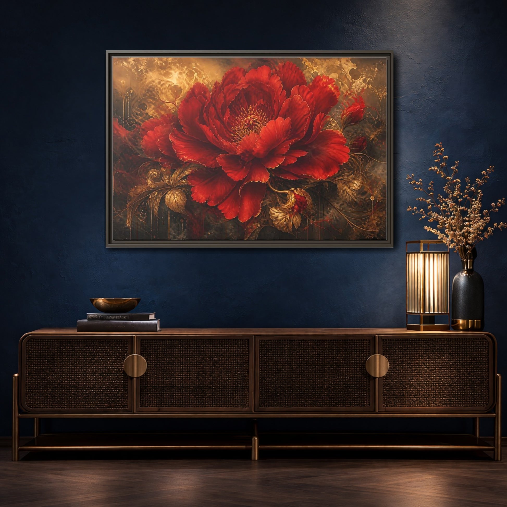 Mockup 4. Scarlet Bloom In Gold shown as framed canvas print