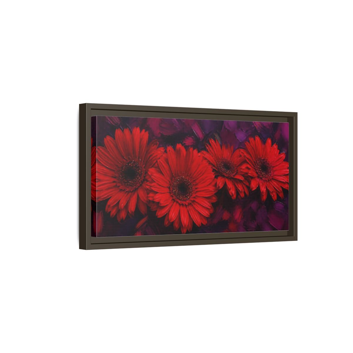 Side Mockup 7. Scarlet Gerbera Quartet shown as framed canvas print