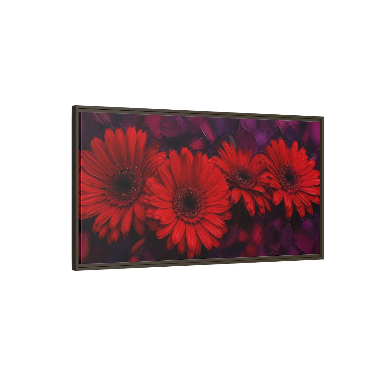 Side Mockup 4. Scarlet Gerbera Quartet shown as framed canvas print