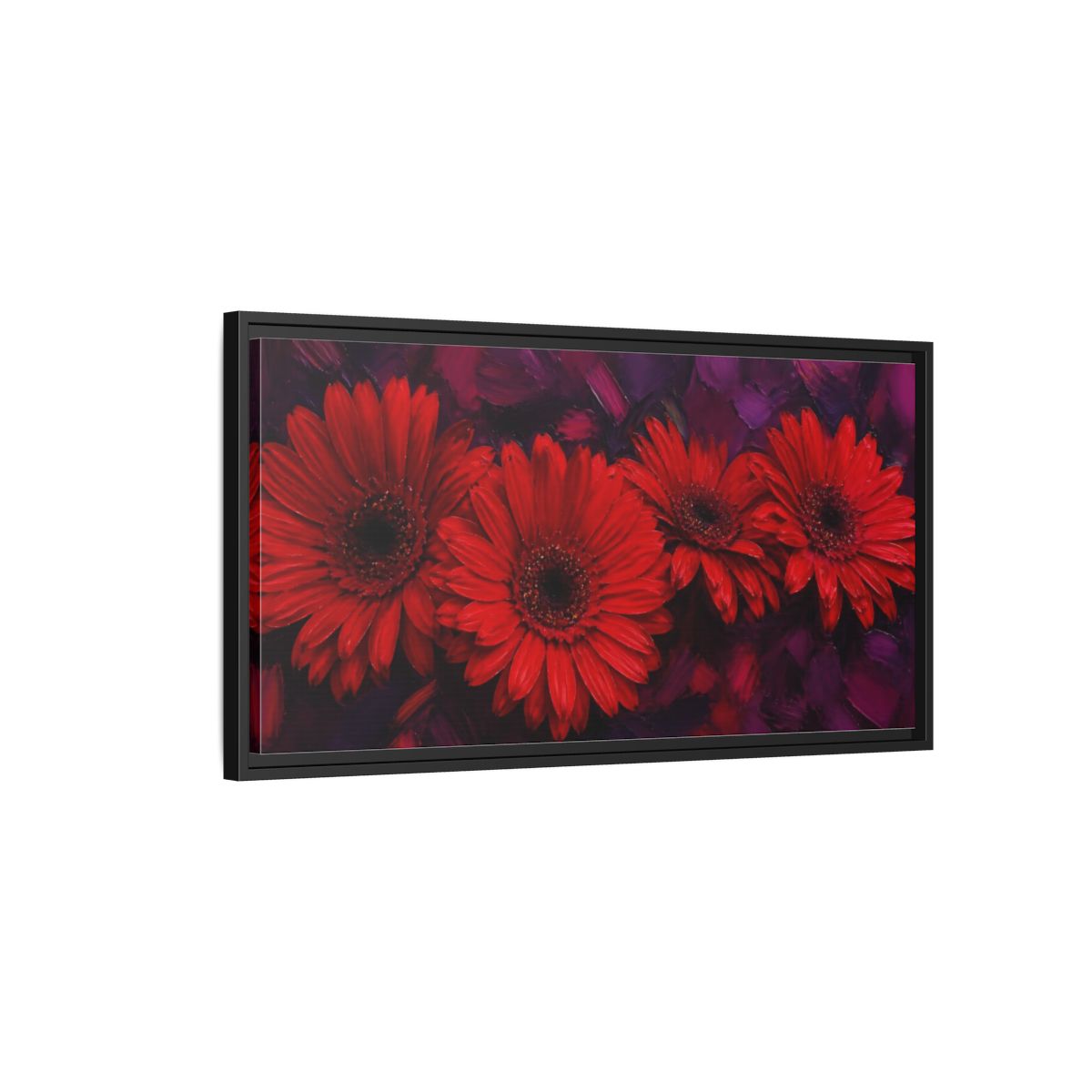 Side Mockup 2. Scarlet Gerbera Quartet shown as framed canvas print