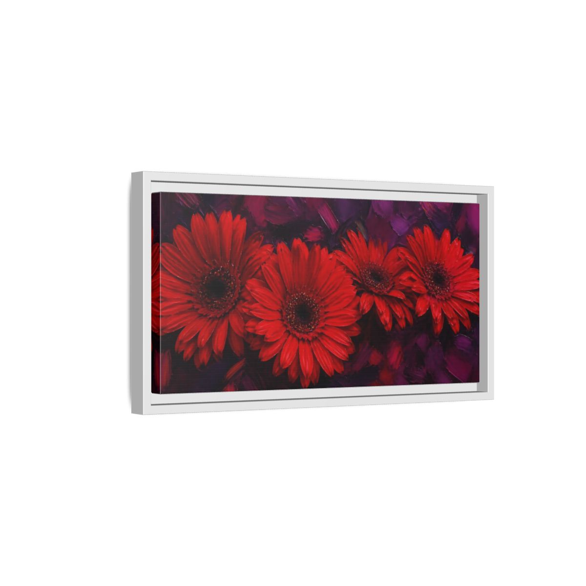 Side Mockup 6. Scarlet Gerbera Quartet shown as framed canvas print