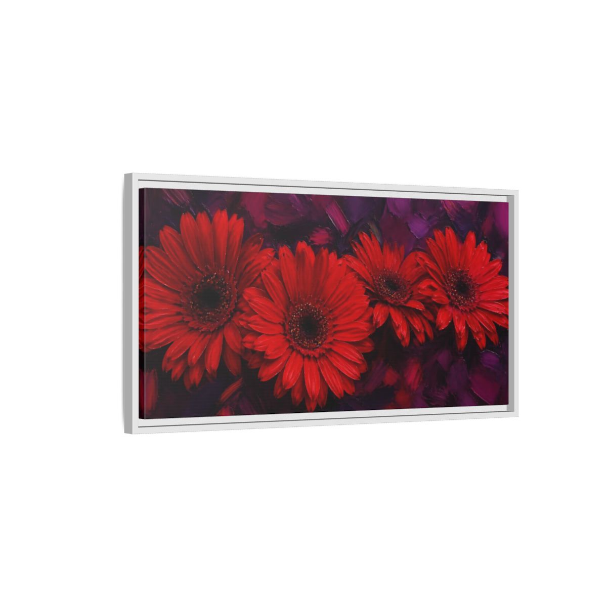 Side Mockup 1. Scarlet Gerbera Quartet shown as framed canvas print