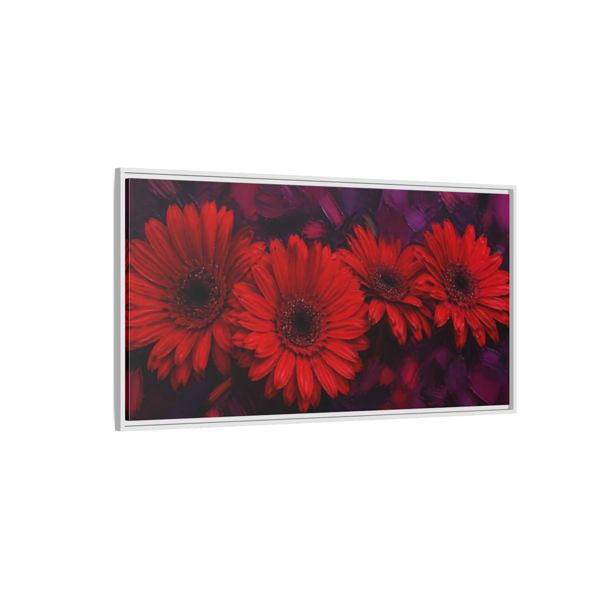 Side Mockup 3. Scarlet Gerbera Quartet shown as framed canvas print