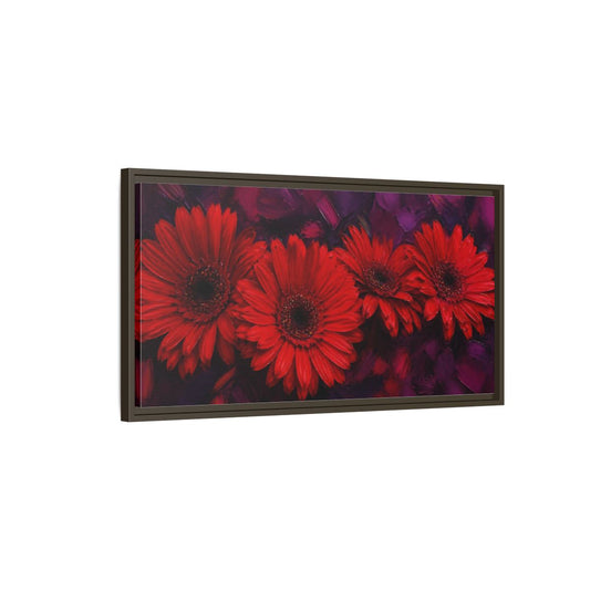 Main Mockup. Scarlet Gerbera Quartet shown as framed canvas print