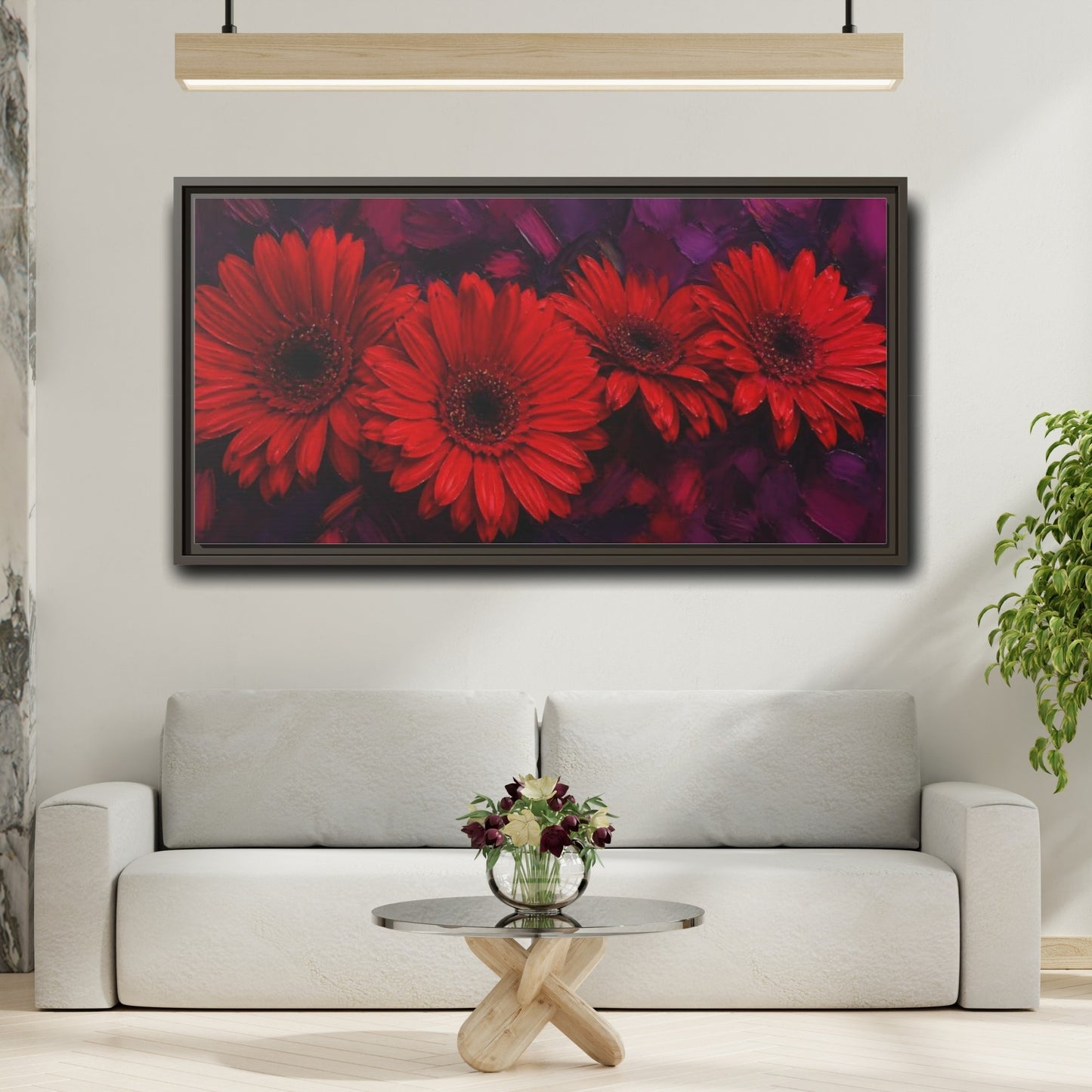 Mockup 2. Scarlet Gerbera Quartet shown as framed canvas print