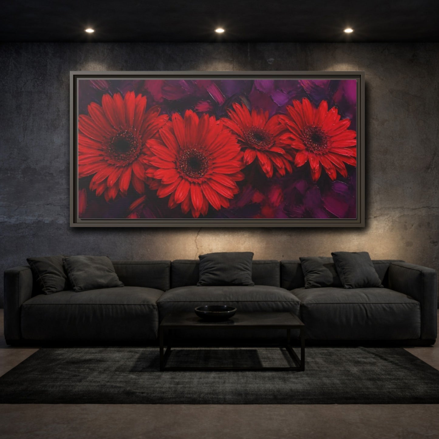 Mockup 3. Scarlet Gerbera Quartet shown as framed canvas print