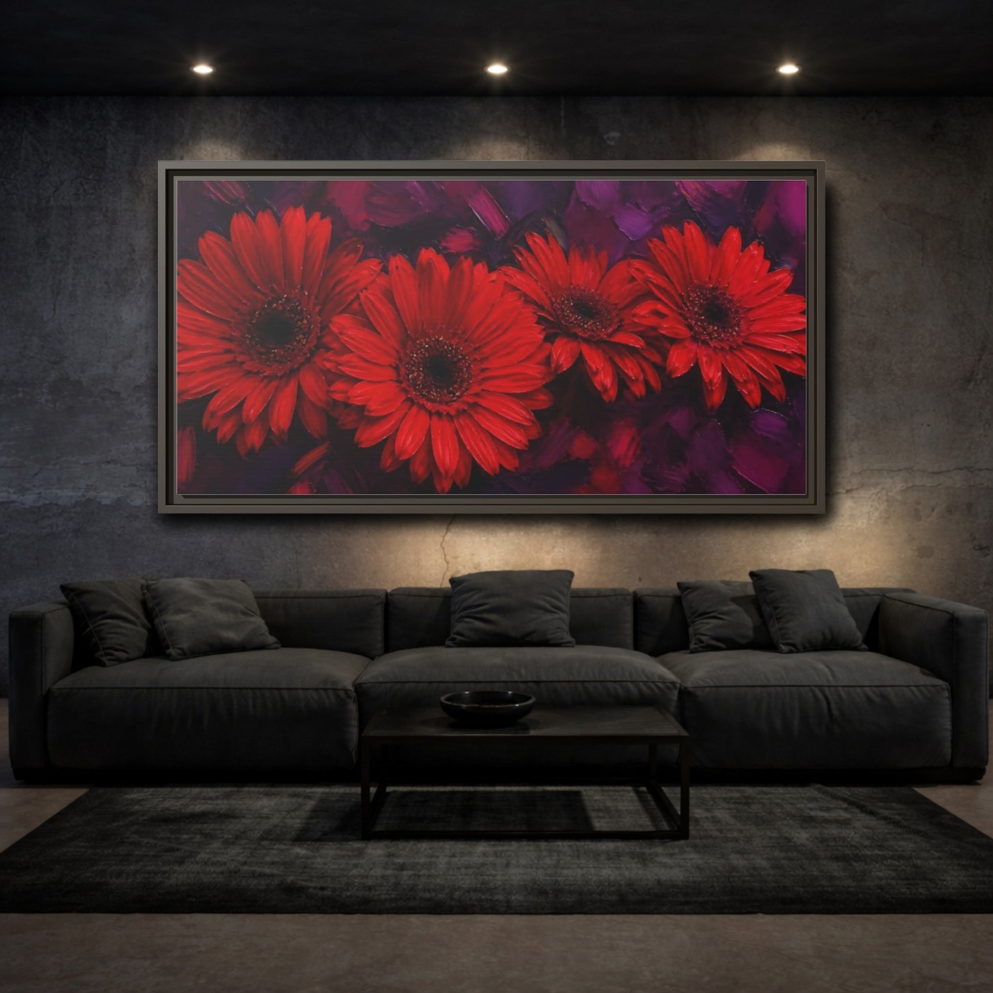 Mockup 3. Scarlet Gerbera Quartet shown as framed canvas print