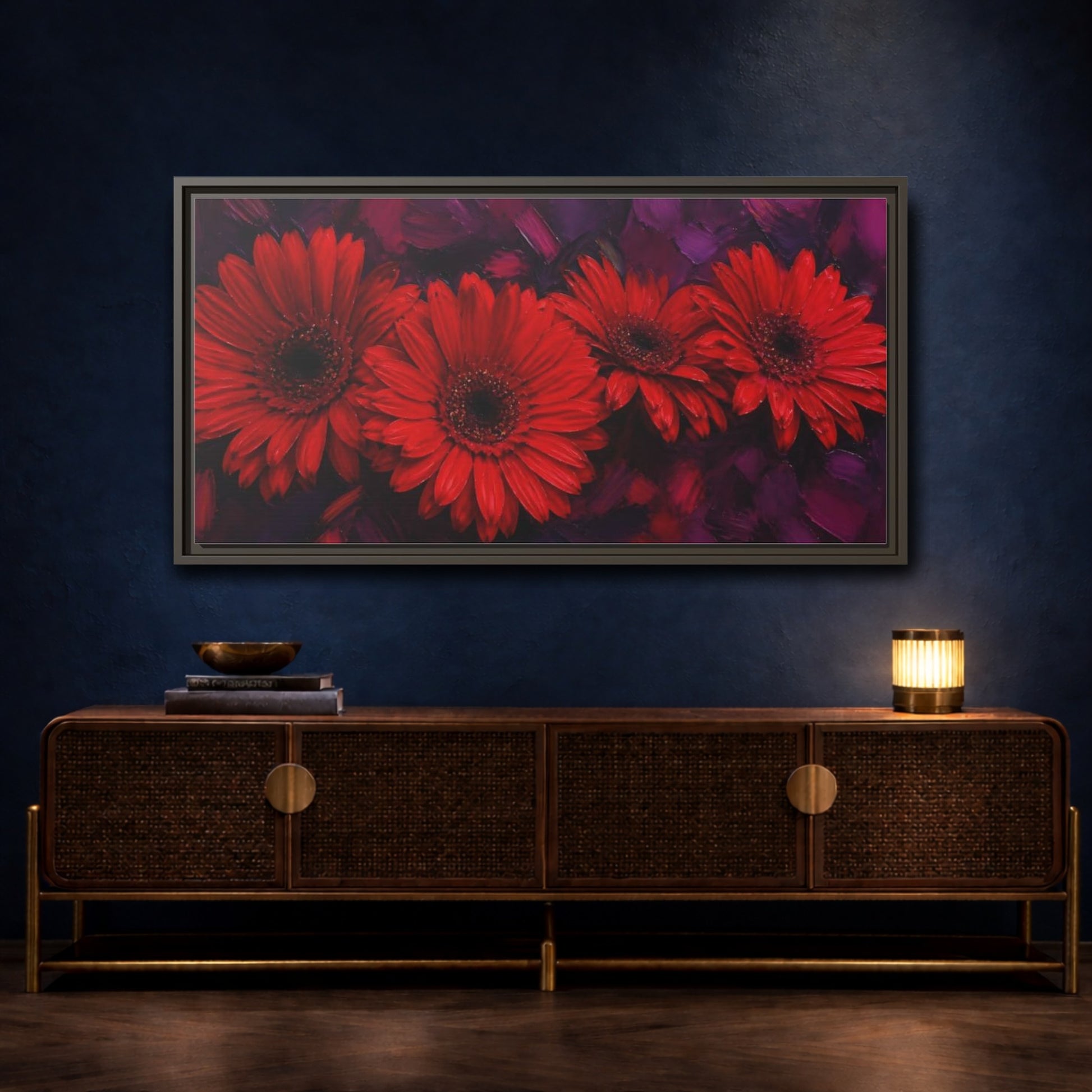 Mockup 4. Scarlet Gerbera Quartet shown as framed canvas print