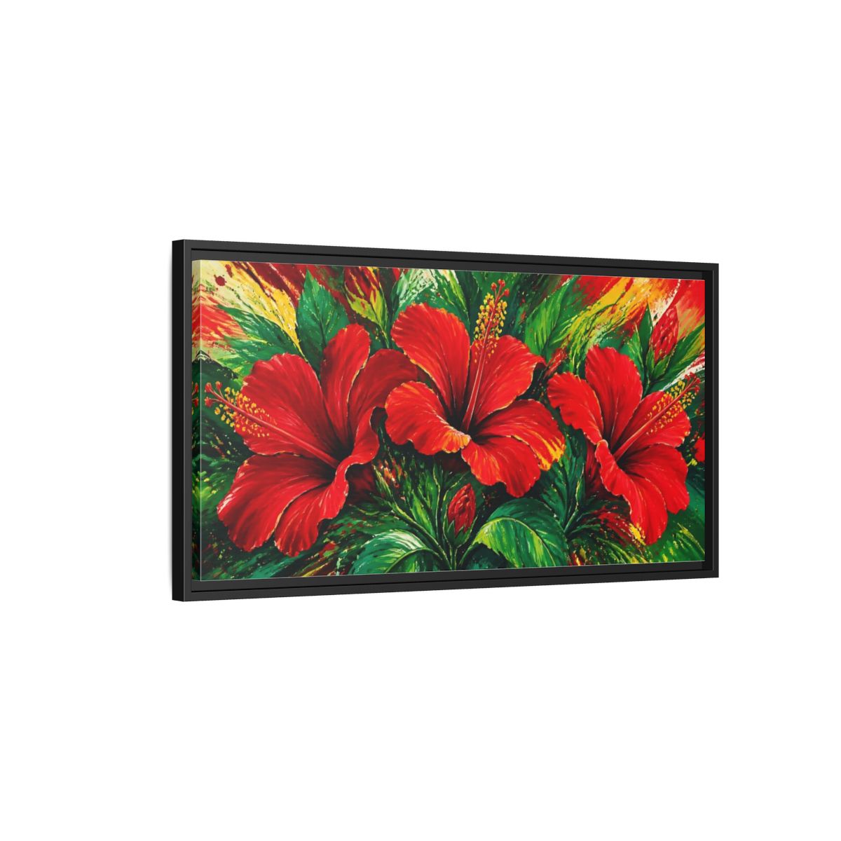 Side Mockup 2. Scarlet Hibiscus Bloom shown as framed canvas print