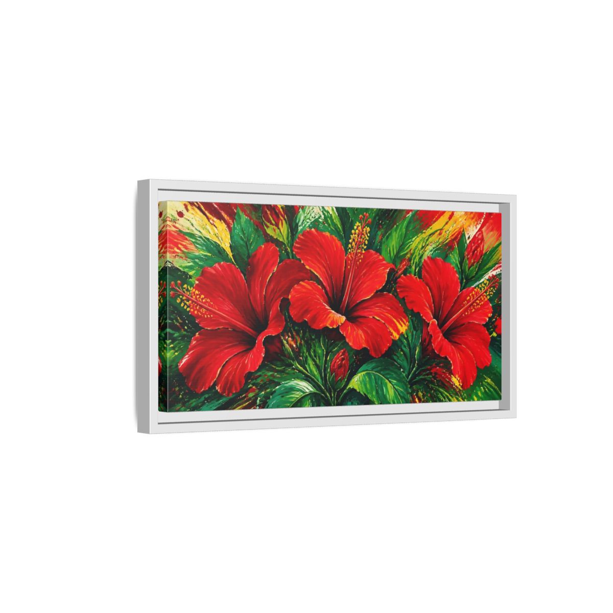 Side Mockup 6. Scarlet Hibiscus Bloom shown as framed canvas print