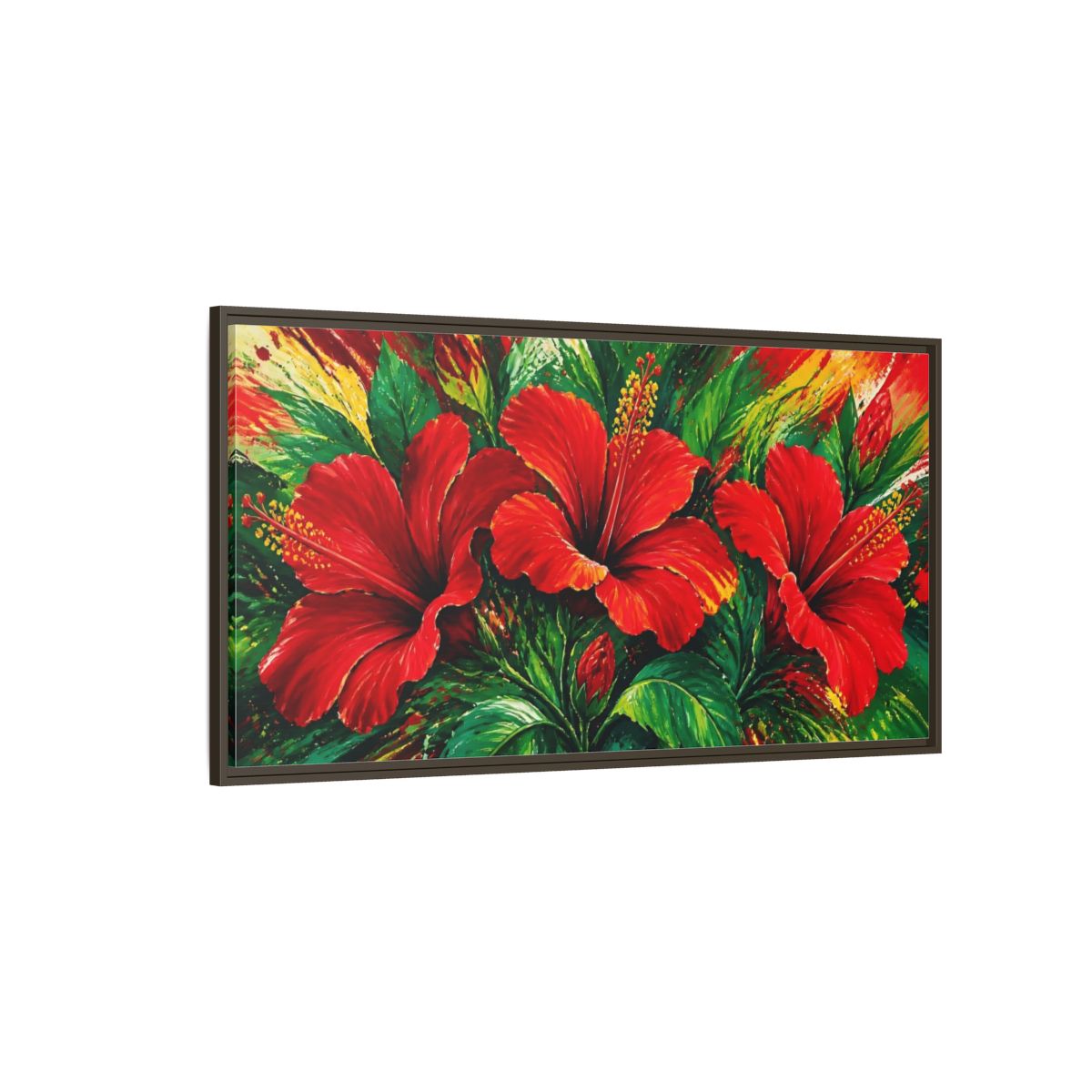 Side Mockup 4. Scarlet Hibiscus Bloom shown as framed canvas print
