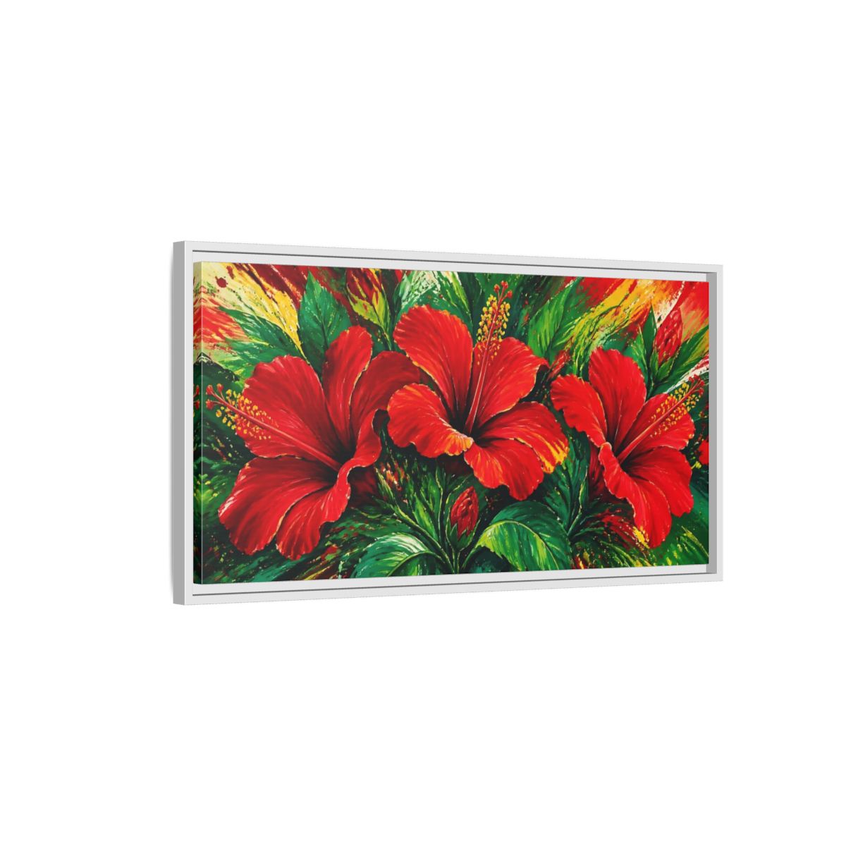 Side Mockup 1. Scarlet Hibiscus Bloom shown as framed canvas print