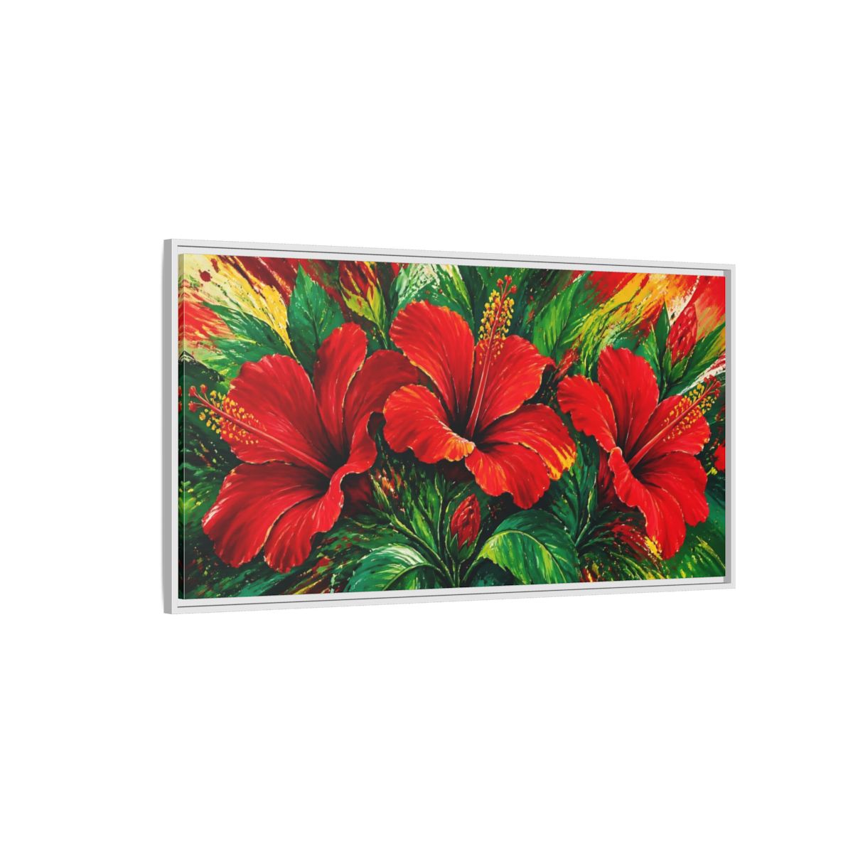Side Mockup 3. Scarlet Hibiscus Bloom shown as framed canvas print