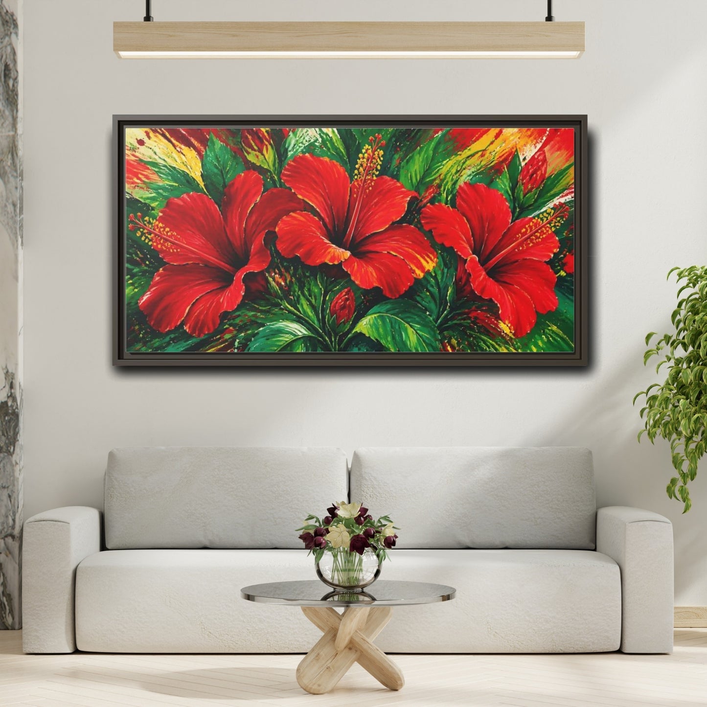 Mockup 2. Scarlet Hibiscus Bloom shown as framed canvas print