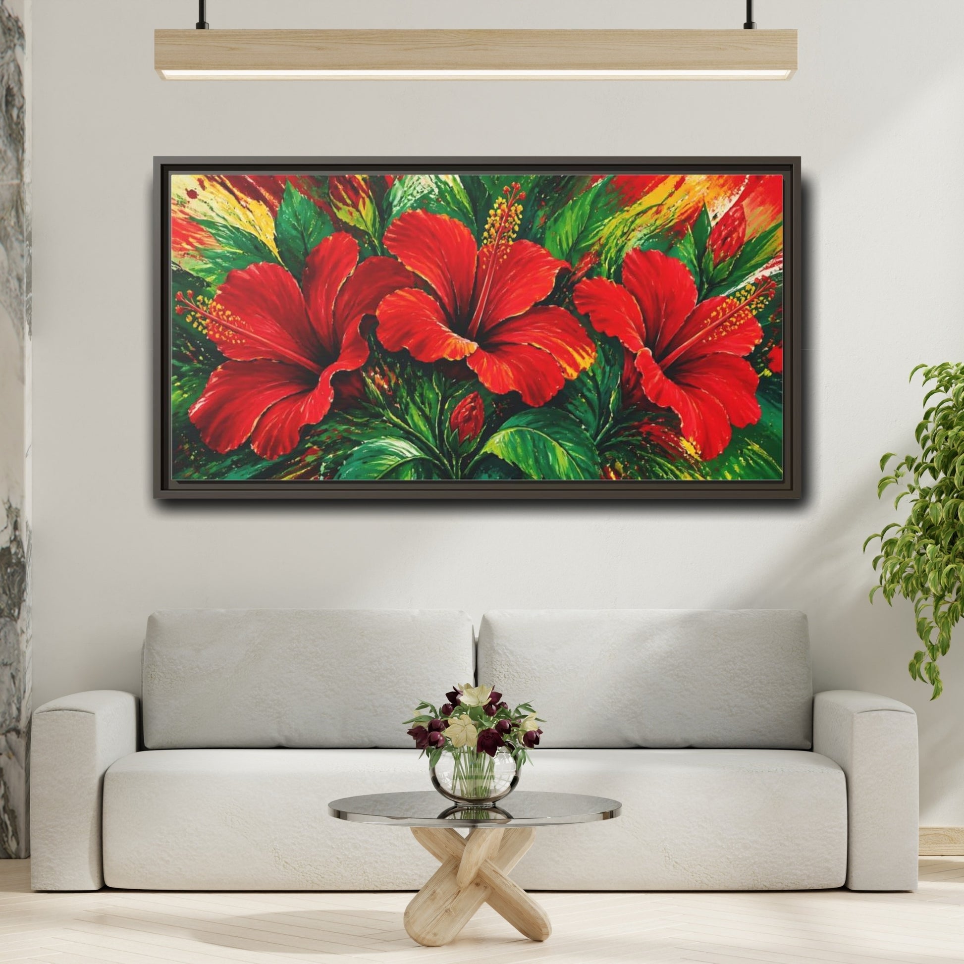 Mockup 2. Scarlet Hibiscus Bloom shown as framed canvas print