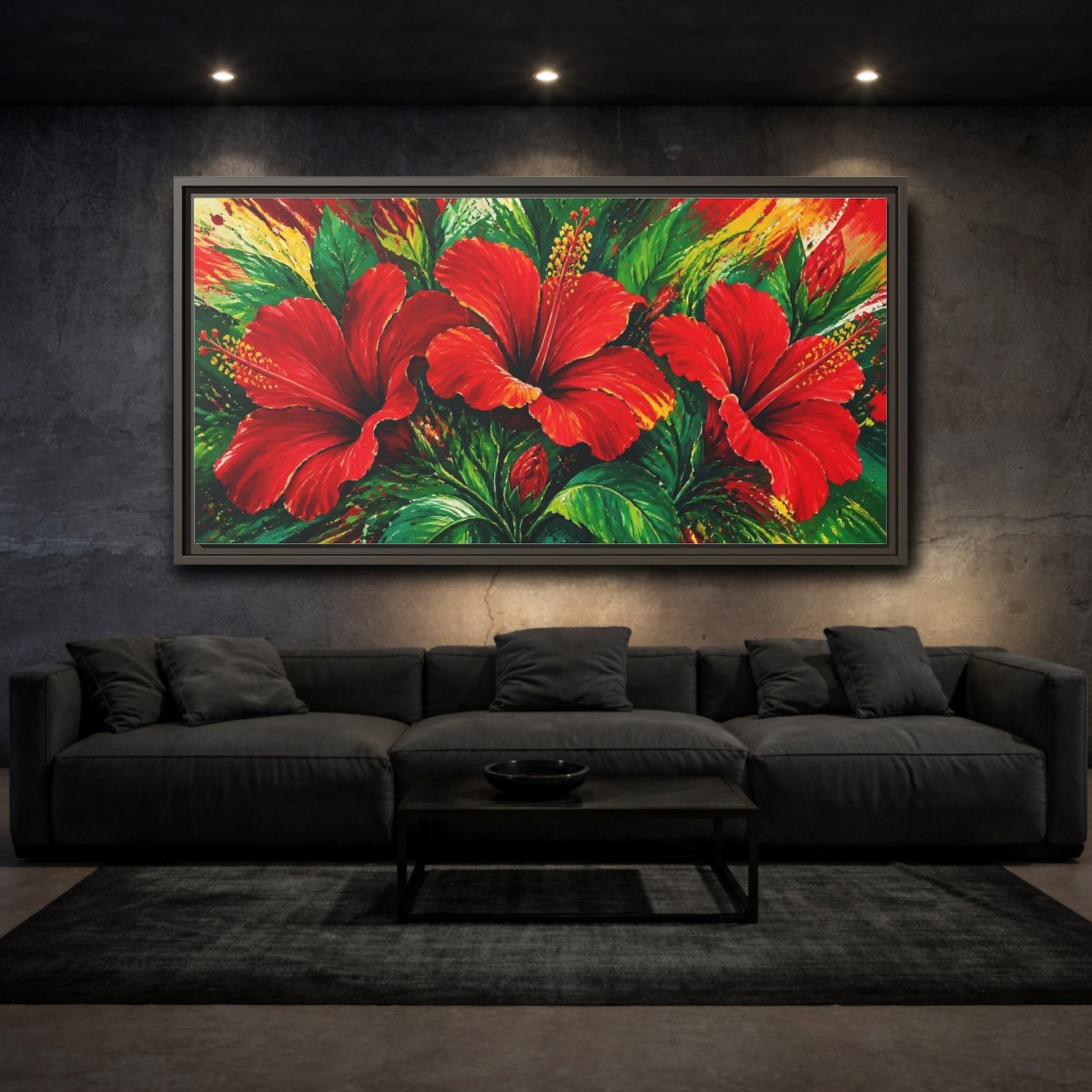 Mockup 3. Scarlet Hibiscus Bloom shown as framed canvas print