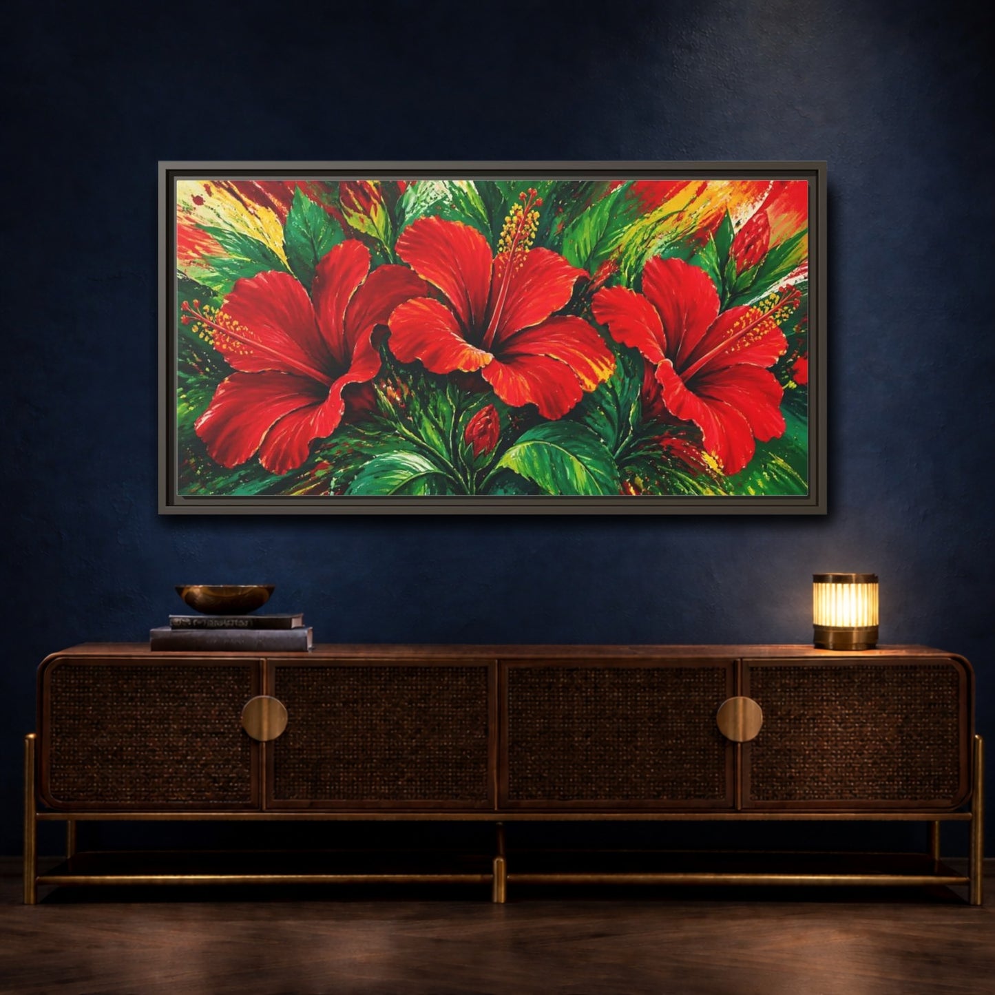 Mockup 4. Scarlet Hibiscus Bloom shown as framed canvas print
