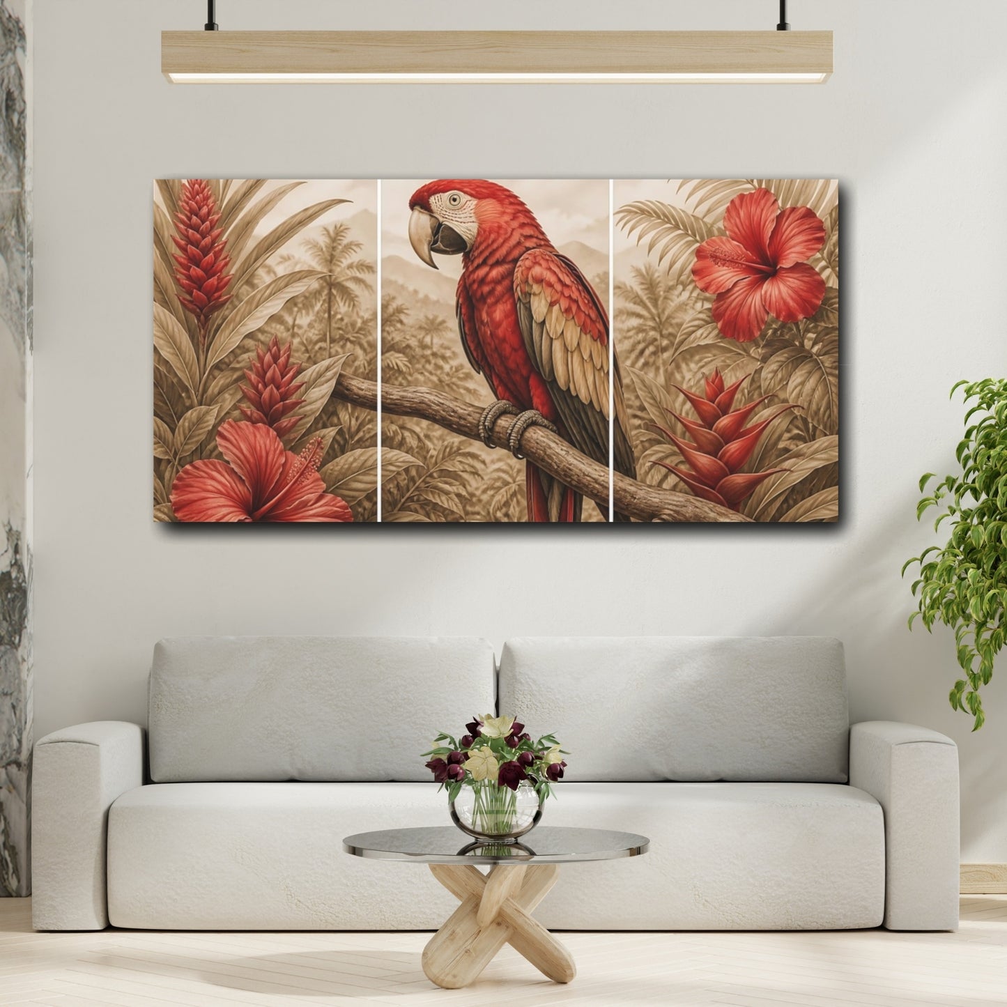 Mockup 2. Scarlet Parrot & Hibiscus shown as canvas print