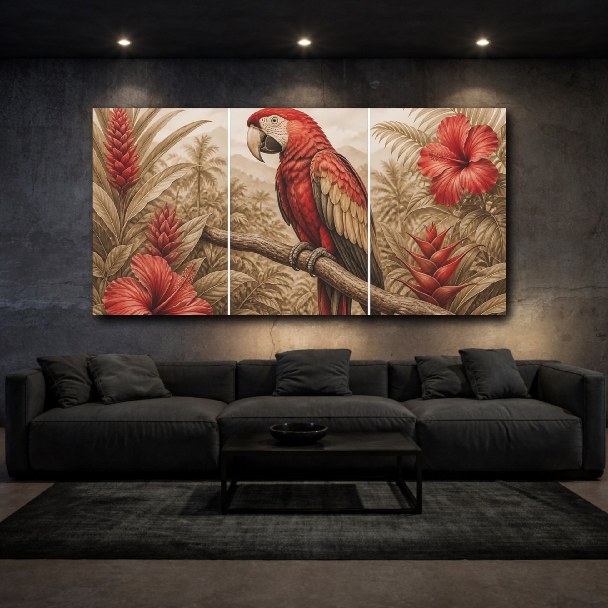 Mockup 3. Scarlet Parrot & Hibiscus shown as canvas print