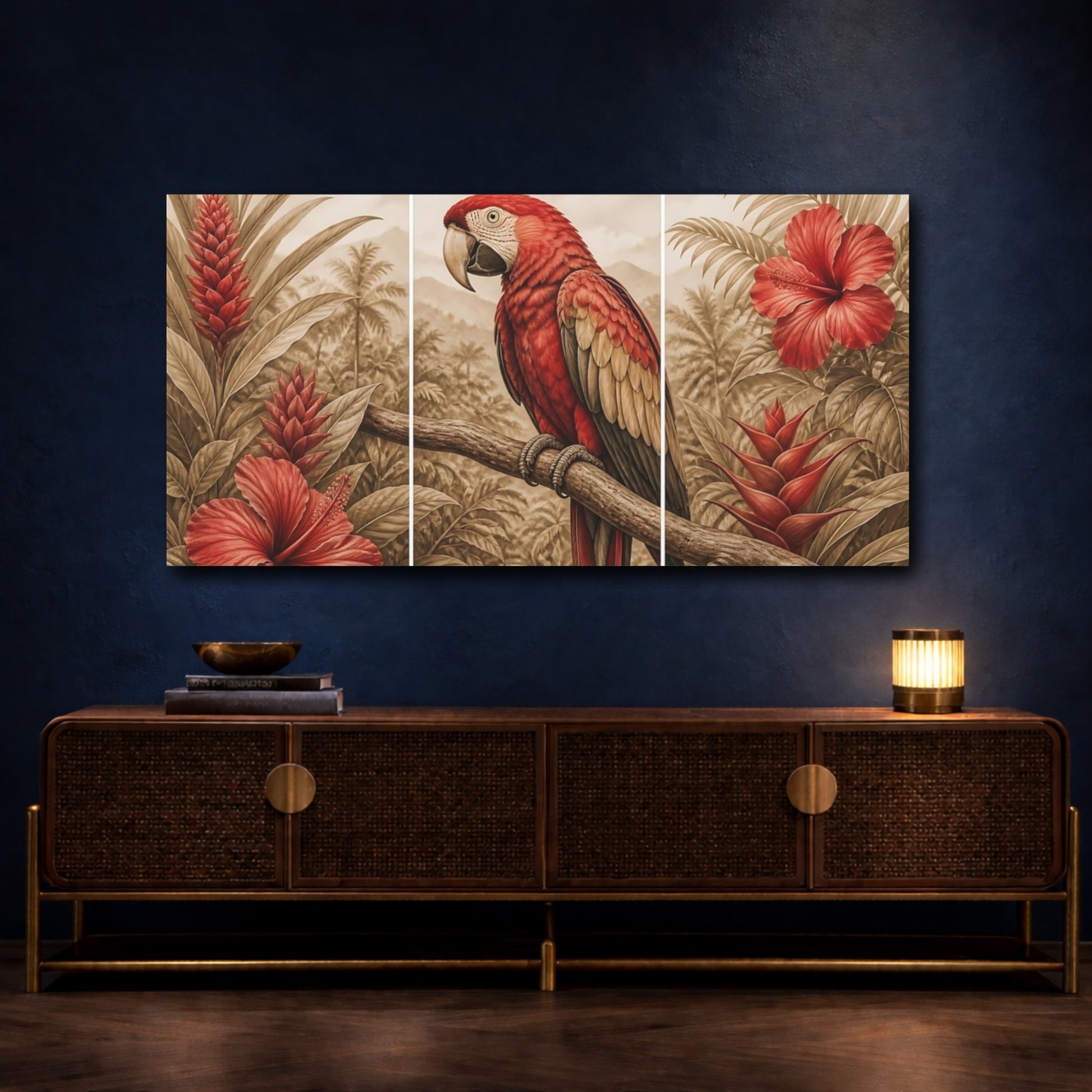 Mockup 4. Scarlet Parrot & Hibiscus shown as canvas print