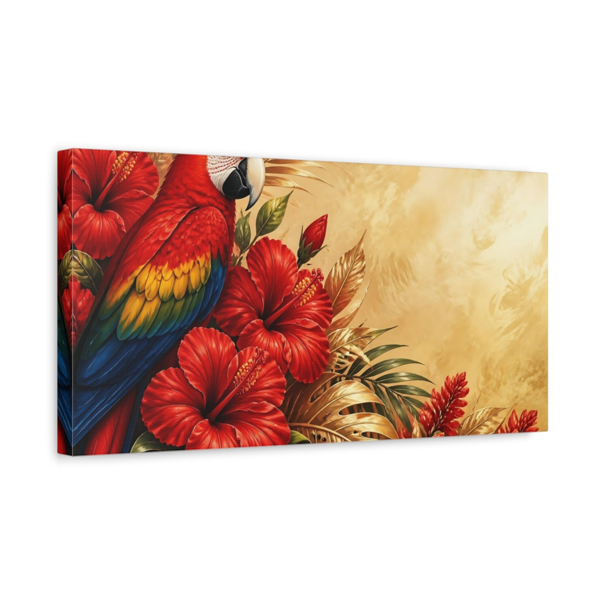 Side Mockup 3. Scarlet Parrot And Hibiscus shown as canvas print