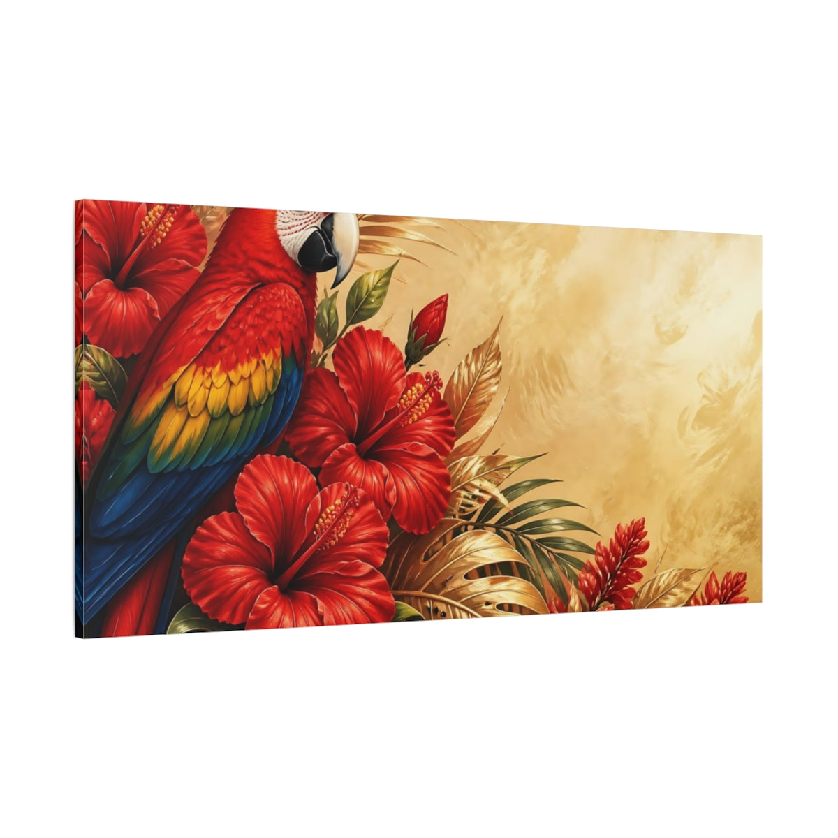 Side Mockup 2. Scarlet Parrot And Hibiscus shown as canvas print