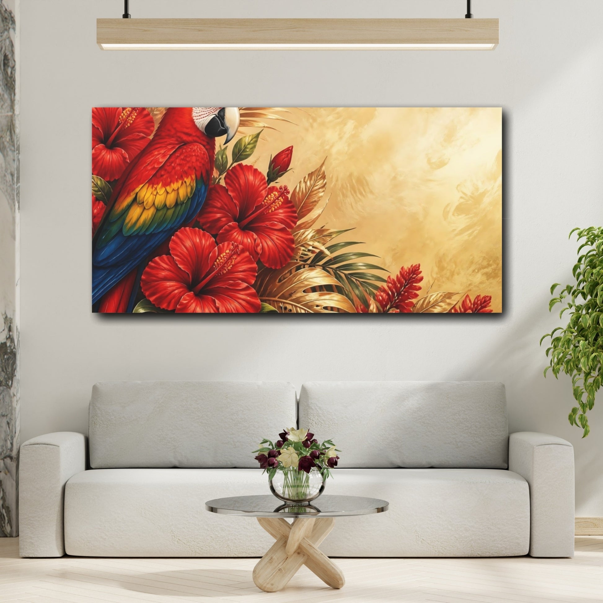 Mockup 2. Scarlet Parrot And Hibiscus shown as canvas print
