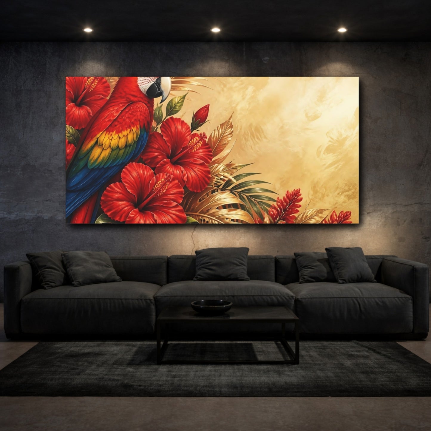 Mockup 3. Scarlet Parrot And Hibiscus shown as canvas print