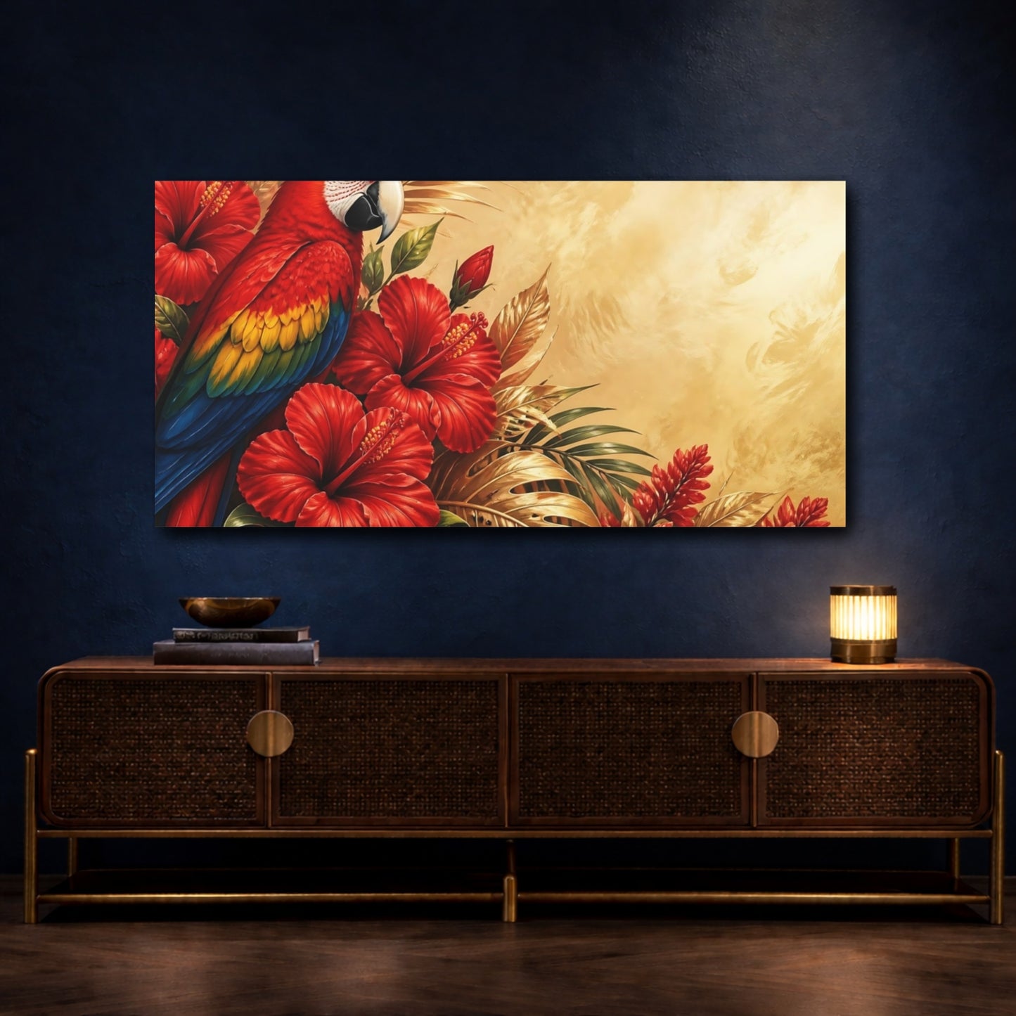 Mockup 4. Scarlet Parrot And Hibiscus shown as canvas print