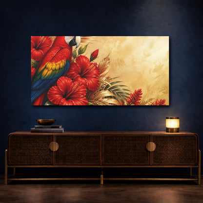 Mockup 4. Scarlet Parrot And Hibiscus shown as canvas print