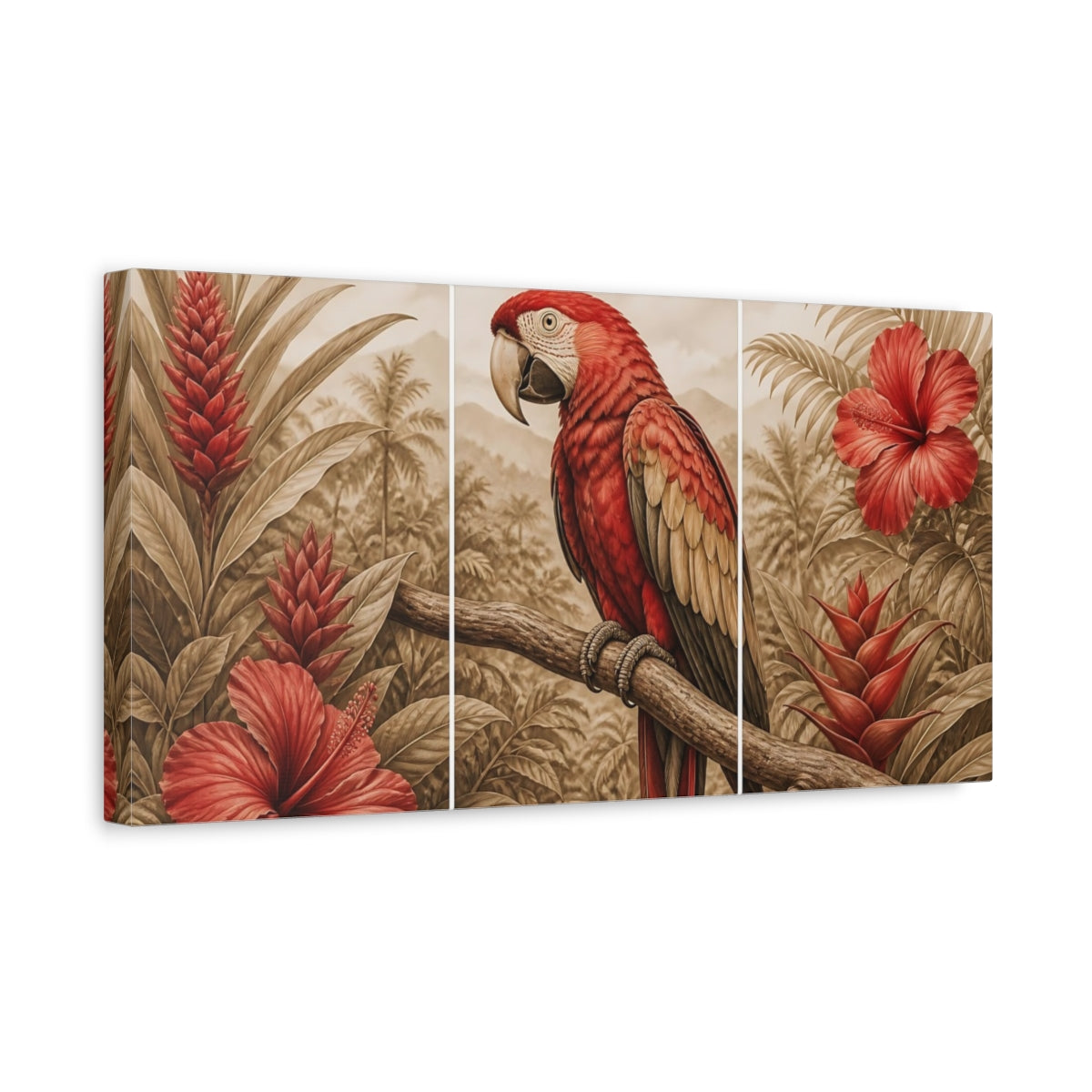 Side Mockup 3. Scarlet Parrot & Hibiscus shown as canvas print
