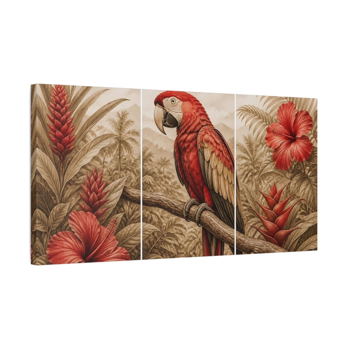 Side Mockup 1. Scarlet Parrot & Hibiscus shown as canvas print