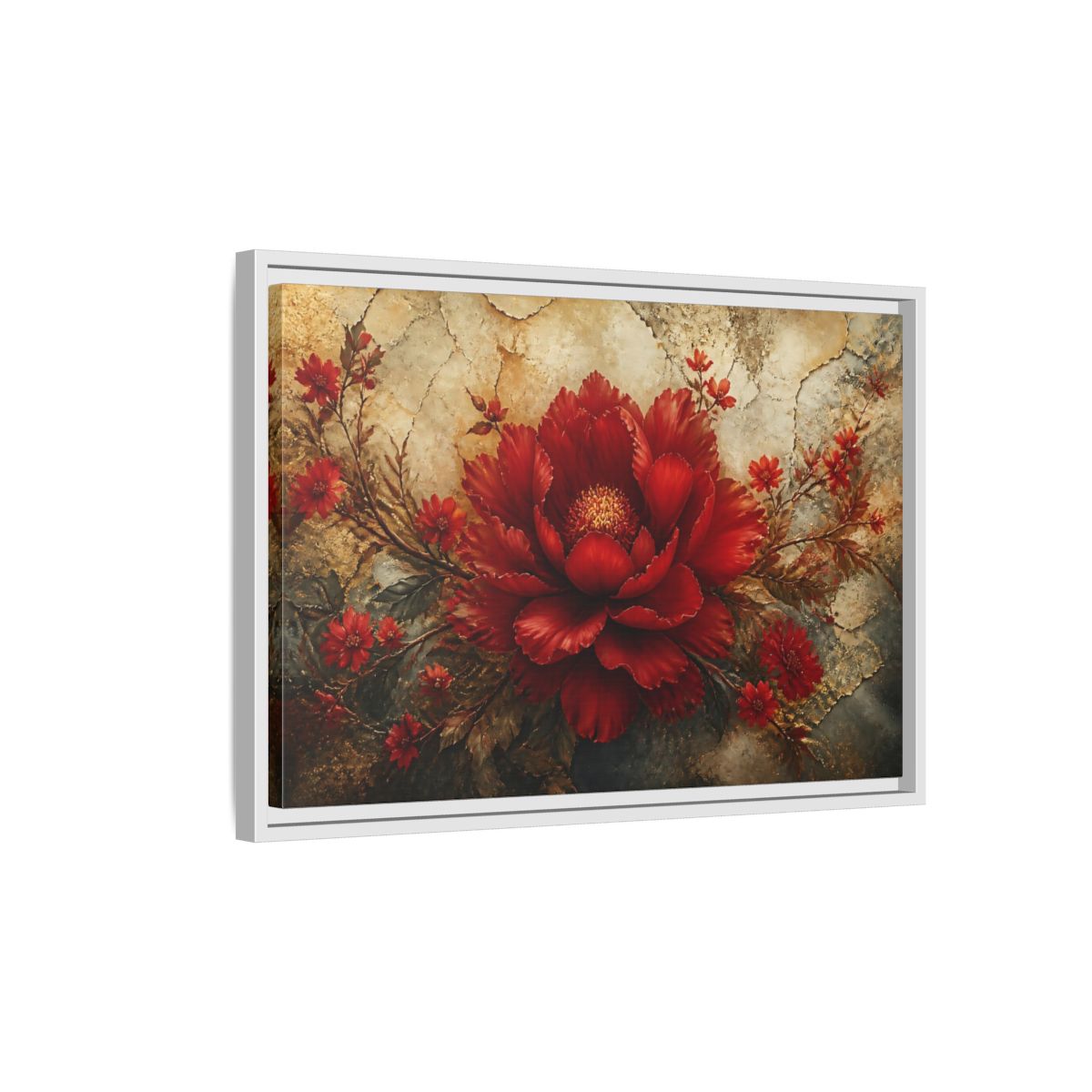 Side Mockup 1. Scarlet Peony On Gold shown as framed canvas print