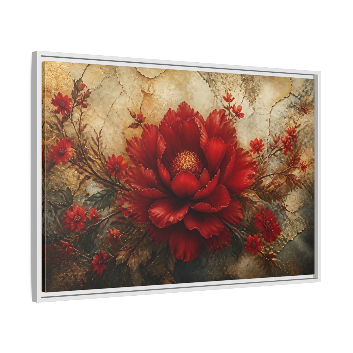 Side Mockup 9. Scarlet Peony On Gold shown as framed canvas print