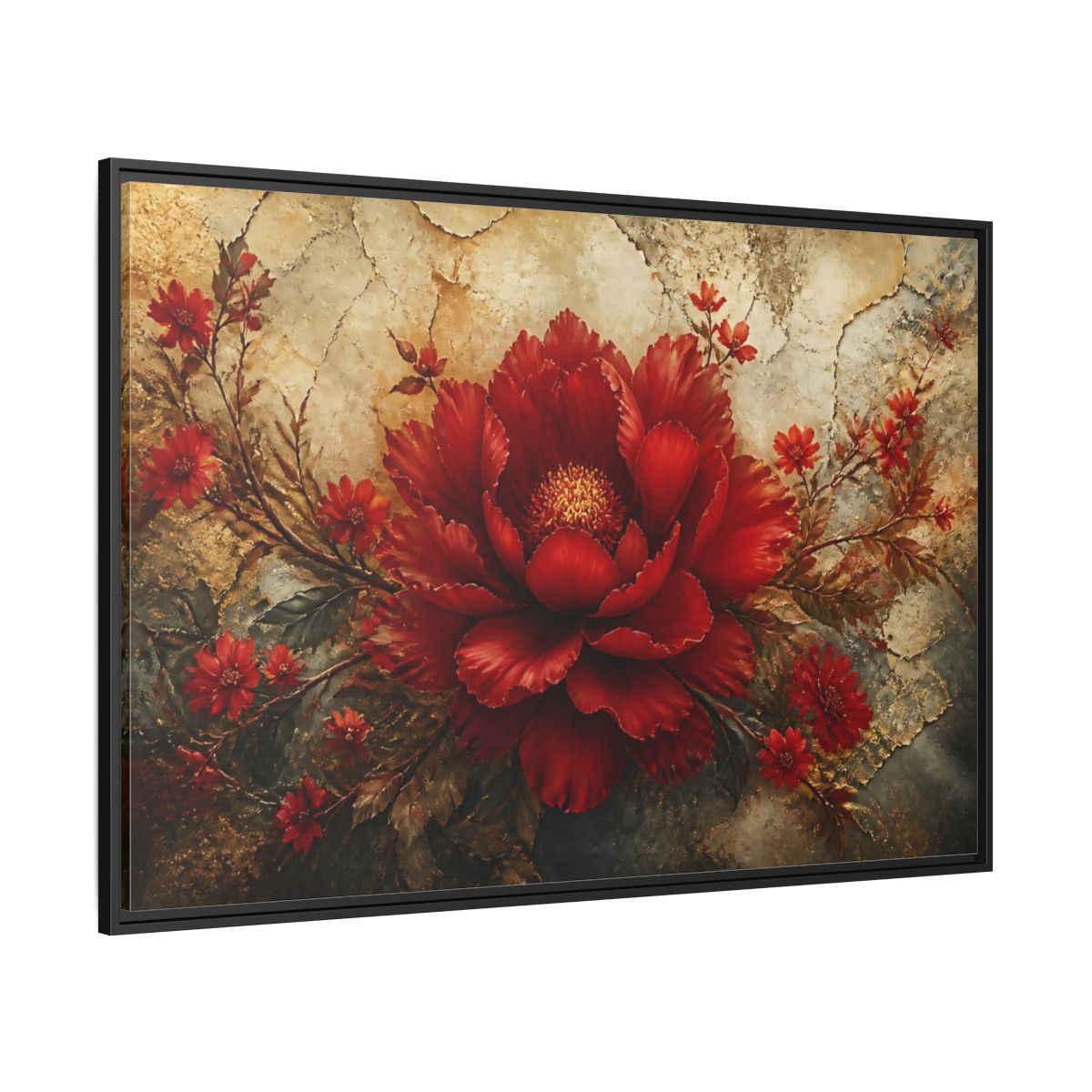 Side Mockup 12. Scarlet Peony On Gold shown as framed canvas print