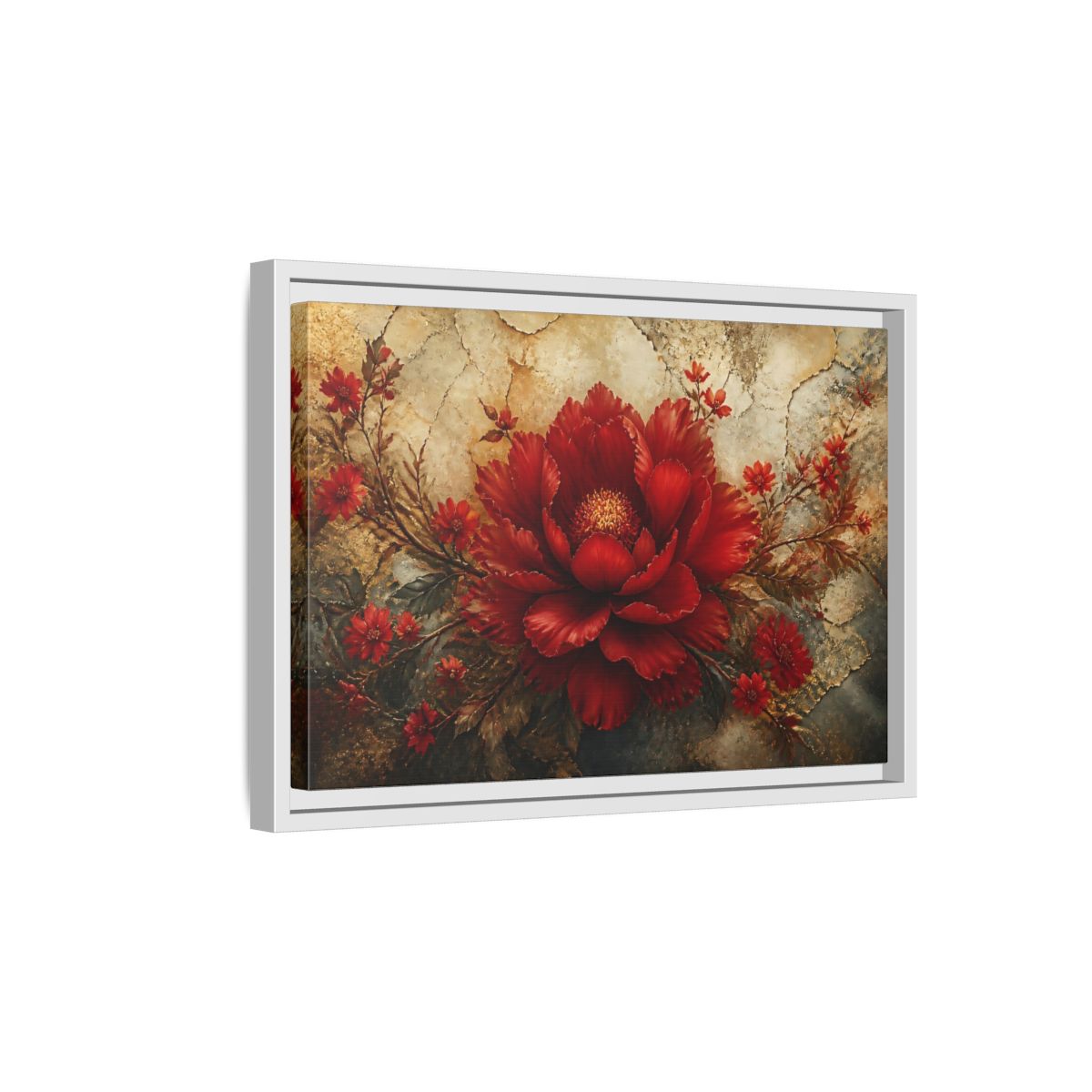 Side Mockup 4. Scarlet Peony On Gold shown as framed canvas print