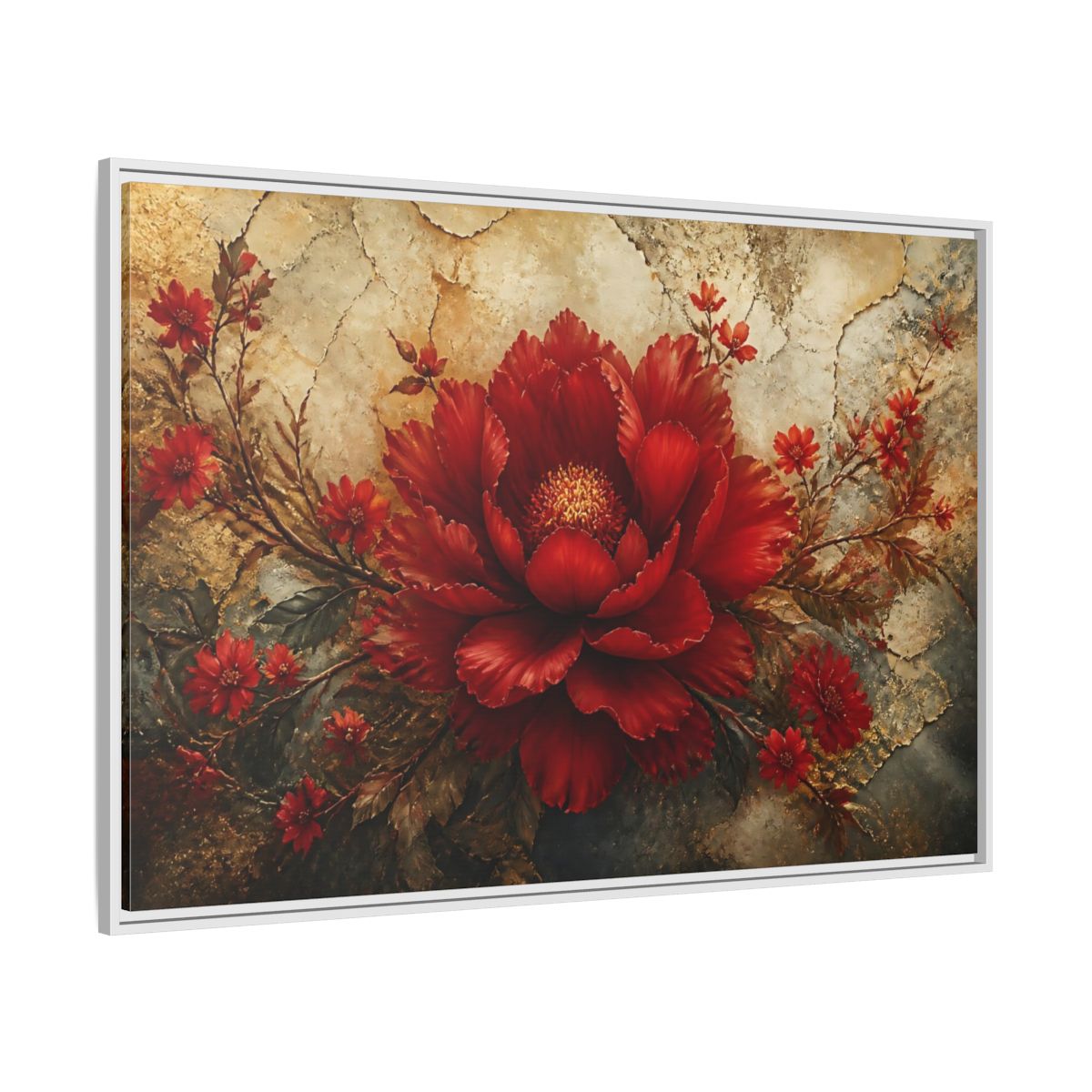 Side Mockup 7. Scarlet Peony On Gold shown as framed canvas print