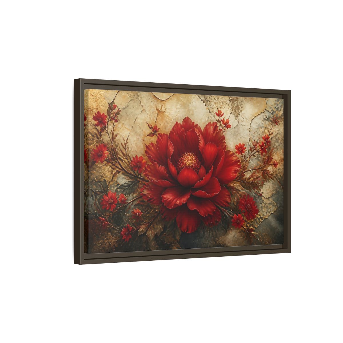 Side Mockup 2. Scarlet Peony On Gold shown as framed canvas print