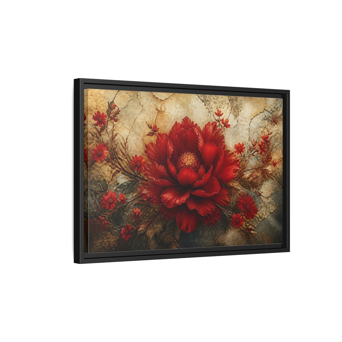 Side Mockup 3. Scarlet Peony On Gold shown as framed canvas print