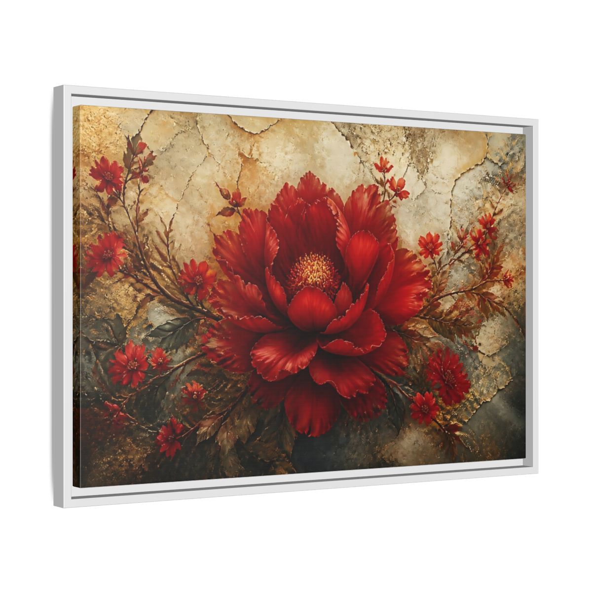 Side Mockup 10. Scarlet Peony On Gold shown as framed canvas print