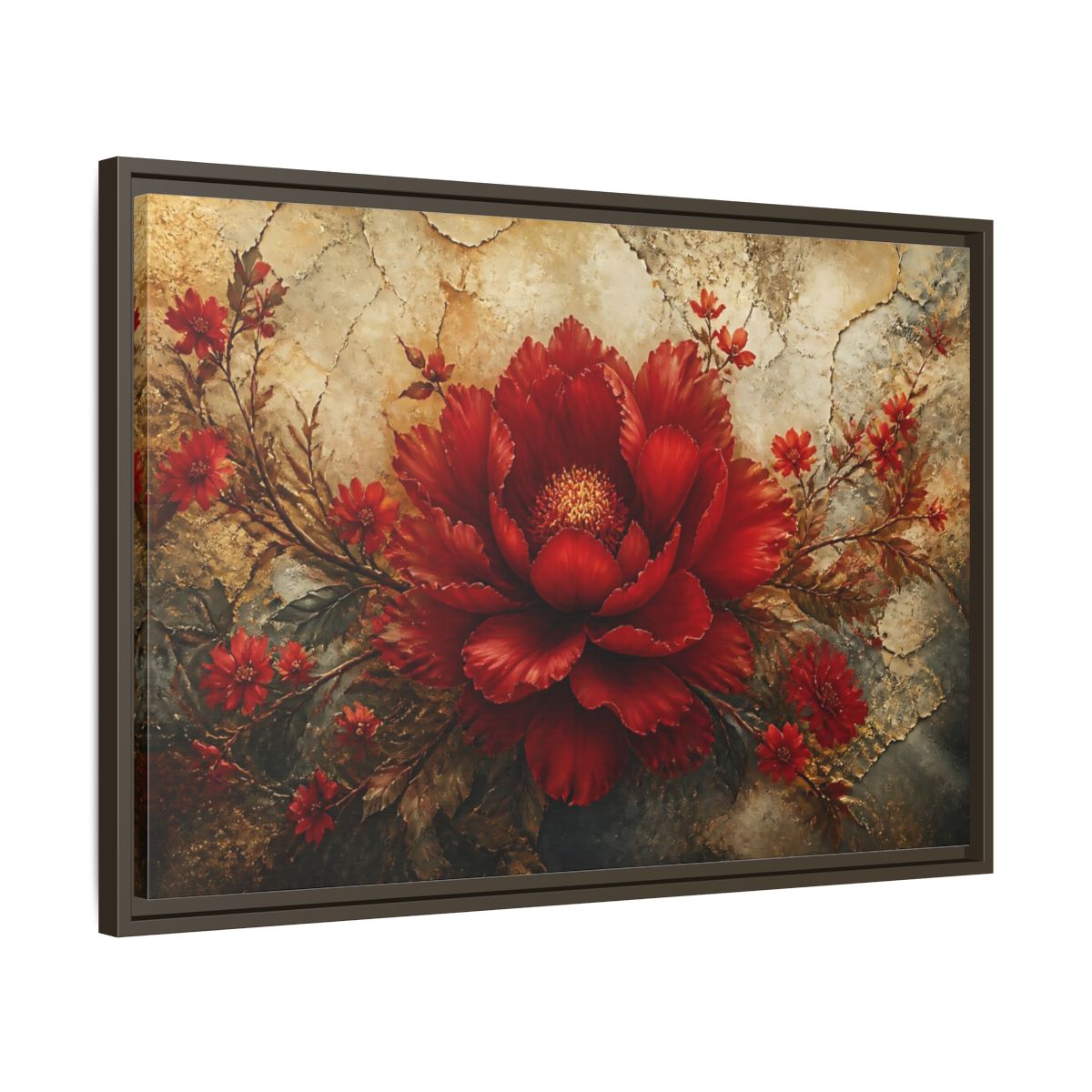 Side Mockup 11. Scarlet Peony On Gold shown as framed canvas print