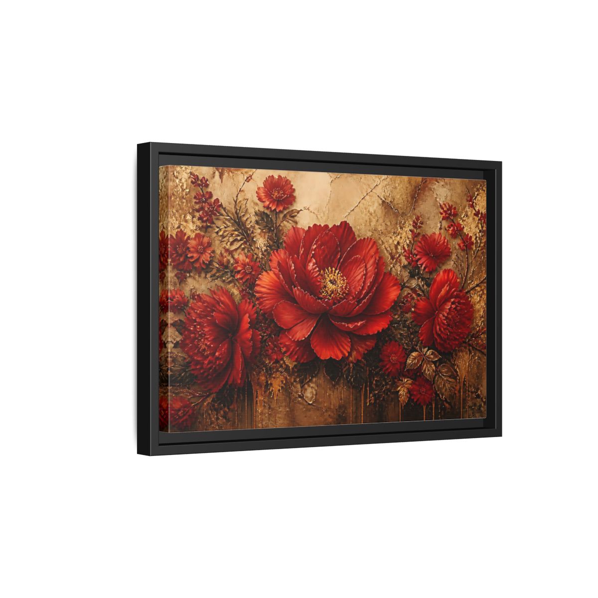 Side Mockup 6. Scarlet Peony On Gold shown as framed canvas print