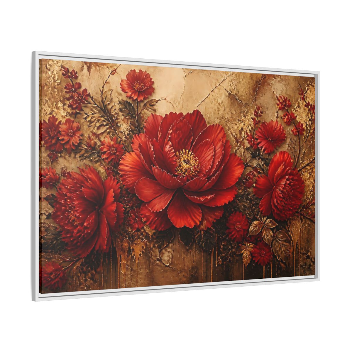 Side Mockup 7. Scarlet Peony On Gold shown as framed canvas print
